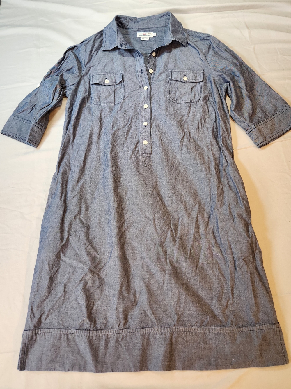 Vineyard Vines Blue Chambray Shirt Dress Collared Button 3/4 Sleeve Size 8
